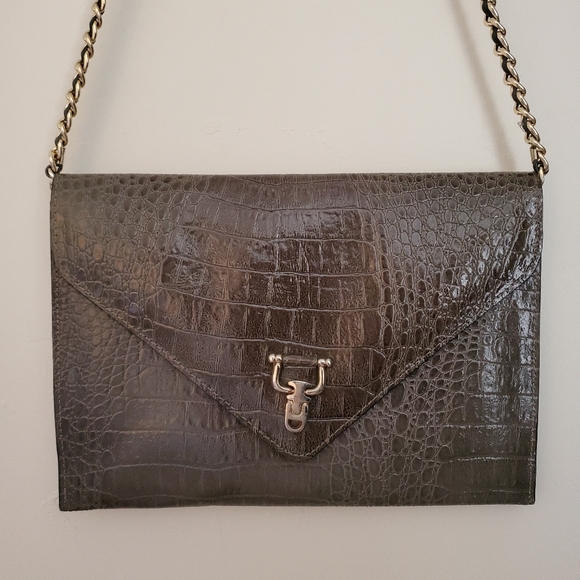 Vintage Gray Vinyl Faux Snakeskin Flat Envelope Purse with Chain - Picture 8 of 10
